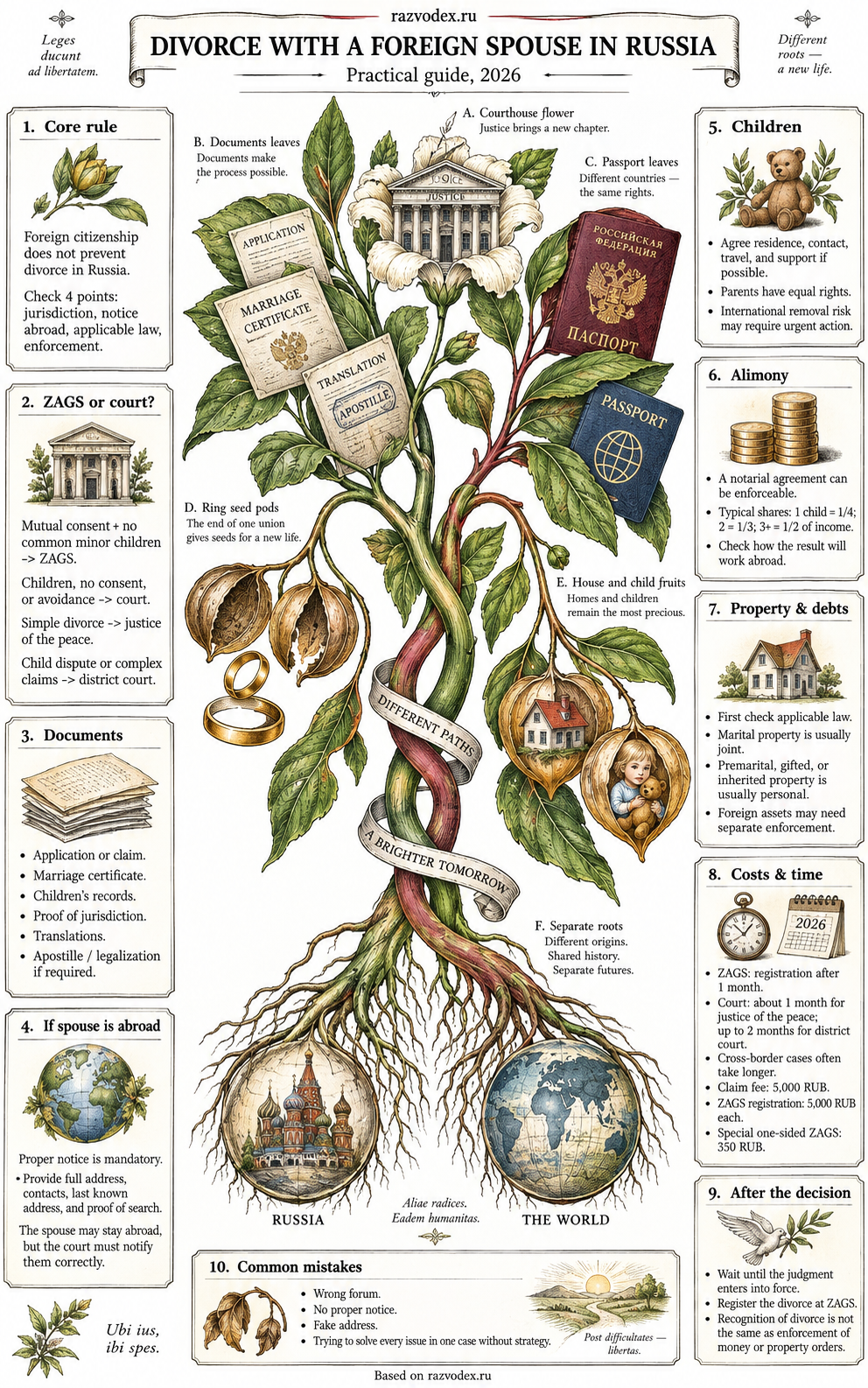 English infographic about divorce with a foreign spouse in Russia